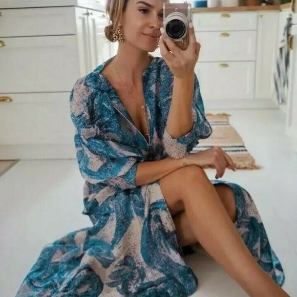 H&M CONSCIOUS EXCLUSIVE 100% Silk Mosaic Midi Puff Sleeve Cocktail Dress - Picture 8 of 12